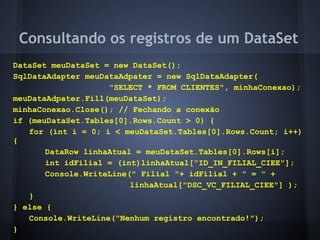 Consultando os registros de um DataSet
DataSet meuDataSet = new DataSet();
SqlDataAdapter meuDataAdpater = new SqlDataAdapter(
                    "SELECT * FROM CLIENTES", minhaConexao);
meuDataAdpater.Fill(meuDataSet);
minhaConexao.Close(); // Fechando a conexão
if (meuDataSet.Tables[0].Rows.Count > 0) {
   for (int i = 0; i < meuDataSet.Tables[0].Rows.Count; i++)
{
       DataRow linhaAtual = meuDataSet.Tables[0].Rows[i];
       int idFilial = (int)linhaAtual["ID_IN_FILIAL_CIEE"];
       Console.WriteLine(" Filial "+ idFilial + " = " +
                         linhaAtual["DSC_VC_FILIAL_CIEE"] );
   }
} else {
   Console.WriteLine("Nenhum registro encontrado!");
}
 