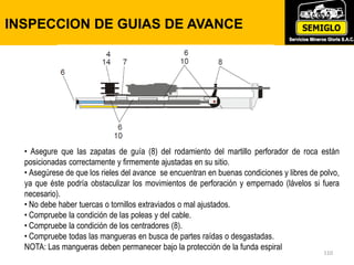 INSPECCION DE GUIAS DE AVANCE
110
• Asegure que las zapatas de guía (8) del rodamiento del martillo perforador de roca están
posicionadas correctamente y firmemente ajustadas en su sitio.
• Asegúrese de que los rieles del avance se encuentran en buenas condiciones y libres de polvo,
ya que éste podría obstaculizar los movimientos de perforación y empernado (lávelos si fuera
necesario).
• No debe haber tuercas o tornillos extraviados o mal ajustados.
• Compruebe la condición de las poleas y del cable.
• Compruebe la condición de los centradores (8).
• Compruebe todas las mangueras en busca de partes raídas o desgastadas.
NOTA: Las mangueras deben permanecer bajo la protección de la funda espiral
 