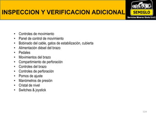 INSPECCION Y VERIFICACION ADICIONAL
114
• Controles de movimiento
• Panel de control de movimiento
• Bobinado del cable, gatos de estabilización, cubierta
• Alimentación diésel del brazo
• Pedales
• Movimientos del brazo
• Compartimiento de perforación
• Controles del brazo
• Controles de perforación
• Pomos de ajuste
• Manómetros de presión
• Cristal de nivel
• Switches & joystick
 