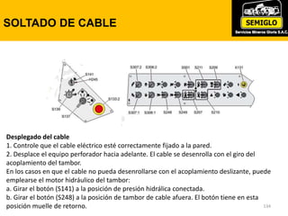 134
SOLTADO DE CABLE
Desplegado del cable
1. Controle que el cable eléctrico esté correctamente fijado a la pared.
2. Desplace el equipo perforador hacia adelante. El cable se desenrolla con el giro del
acoplamiento del tambor.
En los casos en que el cable no pueda desenrollarse con el acoplamiento deslizante, puede
emplearse el motor hidráulico del tambor:
a. Girar el botón (S141) a la posición de presión hidrálica conectada.
b. Girar el botón (S248) a la posición de tambor de cable afuera. El botón tiene en esta
posición muelle de retorno.
 
