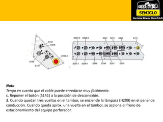 Nota
Tenga en cuenta que el cable puede enredarse muy fácilmente.
c. Reponer el botón (S141) a la posición de desconexión.
3. Cuando quedan tres vueltas en el tambor, se enciende la lámpara (H209) en el panel de
conducción. Cuando queda aprox. una vuelta en el tambor, se acciona el freno de
estacionamiento del equipo perforador.
 