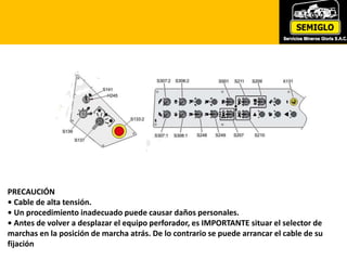 PRECAUCIÓN
• Cable de alta tensión.
• Un procedimiento inadecuado puede causar daños personales.
• Antes de volver a desplazar el equipo perforador, es IMPORTANTE situar el selector de
marchas en la posición de marcha atrás. De lo contrario se puede arrancar el cable de su
fijación
 