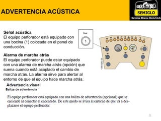 ADVERTENCIA ACÚSTICA
21
Señal acústica
El equipo perforador está equipado con
una bocina (1) colocada en el panel de
conducción.
Alarma de marcha atrás
El equipo perforador puede estar equipado
con una alarma de marcha atrás (opción) que
suena cuando está acoplado el cambio de
marcha atrás. La alarma sirve para alertar al
entorno de que el equipo hace marcha atrás.
 
