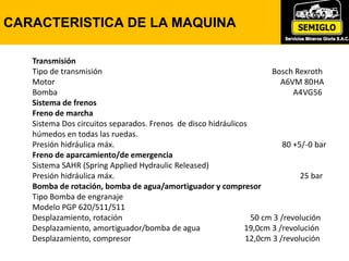 Transmisión
Tipo de transmisión Bosch Rexroth
Motor A6VM 80HA
Bomba A4VG56
Sistema de frenos
Freno de marcha
Sistema Dos circuitos separados. Frenos de disco hidráulicos
húmedos en todas las ruedas.
Presión hidráulica máx. 80 +5/-0 bar
Freno de aparcamiento/de emergencia
Sistema SAHR (Spring Applied Hydraulic Released)
Presión hidráulica máx. 25 bar
Bomba de rotación, bomba de agua/amortiguador y compresor
Tipo Bomba de engranaje
Modelo PGP 620/511/511
Desplazamiento, rotación 50 cm 3 /revolución
Desplazamiento, amortiguador/bomba de agua 19,0cm 3 /revolución
Desplazamiento, compresor 12,0cm 3 /revolución
CARACTERISTICA DE LA MAQUINA
 