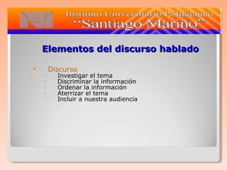 Elementos del discurso hablado Discurso Investigar el tema Discriminar la información Ordenar la información Aterrizar el tema Incluir a nuestra audiencia  