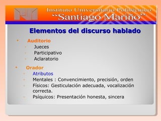 Elementos del discurso hablado Auditorio Jueces Participativo Aclaratorio Orador Atributos  Mentales : Convencimiento, precisión, orden Físicos: Gesticulación adecuada, vocalización correcta. Psíquicos: Presentación honesta, sincera 
