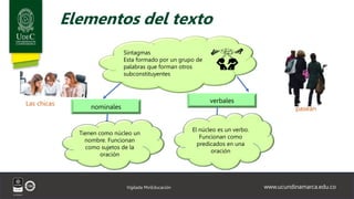 www.ucundinamarca.edu.co
Vigilada MinEducación
Elementos del texto
Sintagmas
Esta formado por un grupo de
palabras que forman otros
subconstituyentes
nominales
verbales
Tienen como núcleo un
nombre. Funcionan
como sujetos de la
oración
El núcleo es un verbo.
Funcionan como
predicados en una
oración
Las chicas
pasean
 