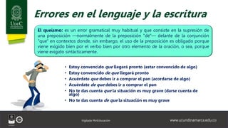 www.ucundinamarca.edu.co
Vigilada MinEducación
Errores en el lenguaje y la escritura
• Estoy convencido que llegará pronto (estar convencido de algo)
• Estoy convencido de que llegará pronto
• Acuérdate que debes ir a comprar el pan (acordarse de algo)
• Acuérdate de que debes ir a comprar el pan
• No te das cuenta que la situación es muy grave (darse cuenta de
algo)
• No te das cuenta de que la situación es muy grave
El queísmo: es un error gramatical muy habitual y que consiste en la supresión de
una preposición —normalmente de la preposición "de"— delante de la conjunción
"que" en contextos donde, sin embargo, el uso de la preposición es obligado porque
viene exigido bien por el verbo bien por otro elemento de la oración, o sea, porque
viene exigido sintácticamente.
 