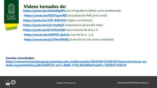 www.ucundinamarca.edu.co
Vigilada MinEducación
Videos tomados de:
- https://youtu.be/vKwkqPgdPrs (tu ortografía te define como profesional)
- https://youtu.be/S8ZTvgsnMDI (actualización RAE post covid)
- https://youtu.be/1HZ-ASkF3JU (siglas y acrónimos)
- https://youtu.be/Lb7r3iyhb2I (importancia de escribir bien)
- https://youtu.be/lh1UHn4r0dI (uso correcto de la b y v)
- https://youtu.be/sbWMU-QuCnk (uso de la c,s y z)
- https://youtu.be/g7a78nxMkRQ (la escritura y las zonas cerebrales)
Fuentes consultadas:
https://comunicacionylenguaje.javeriana.edu.co/documents/2032648/2129838/Como-estructurar-un-
texto-argumentativo.pdf/cfb60122-ae7c-d6d8-117b-8b3669a27aab?t=1622647182610
 