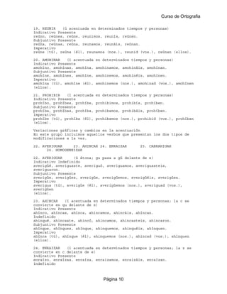 Curso de Ortografia

19. REUNIR   (ú acentuada en determinados tiempos y personas)
Indicativo Presente
reúno, reúnes, reúne, reunimos, reunís, reúnen.
Subjuntivo Presente
reúna, reúnas, reúna, reunamos, reunáis, reúnan.
Imperativo
reúne (tú), reúna (él), reunamos (nos.), reunid (vos.), reúnan (ellos).

20. AMOHINAR   (í acentuada   en determinados tiempos y personas)
Indicativo Presente
amohíno, amohínas, amohína,   amohinamos, amohináis, amohínan.
Subjuntivo Presente
amohíne, amohínes, amohíne,   amohinemos, amohinéis, amohínen.
Imperativo
amohína (tú), amohíne (él),   amohinemos (nos.), amohinad (vos.), amohínen
(ellos).

21. PROHIBIR   (í acentuada   en determinados tiempos y personas)
Indicativo Presente
prohíbo, prohíbes, prohíbe,   prohibimos, prohibís, prohíben.
Subjuntivo Presente
prohíba, prohíbas, prohíba,   prohibamos, prohibáis, prohíban.
Imperativo
prohíbe (tú), prohíba (él),   prohibamos (nos.), prohibid (vos.), prohíban
(ellos).

Variaciones gráficas y cambios en la acentuación
En este grupo incluimos aquellos verbos que presentan los dos tipos de
modificaciones a la vez.

22. AVERIGUAR     23. AHINCAR 24. ENRAIZAR        25. CABRAHIGAR
      26. HOMOGENEIZAR

22. AVERIGUAR     (ú átona; gu pasa a gü delante de e)
Indicativo Indefinido
averigüé, averiguaste, averiguó, averiguamos, averiguasteis,
averiguaron.
Subjuntivo Presente
averigüe, averigües, averigüe, averigüemos, averigüéis, averigüen.
Imperativo
averigua (tú), averigüe (él), averigüemos (nos.), averiguad (vos.),
averigüen
(ellos).

23. AHINCAR   (í acentuada en determinados tiempos y personas; la c se
convierte en qu delante de e)
Indicativo Presente
ahínco, ahíncas, ahínca, ahincamos, ahincáis, ahíncan.
Indefinido
ahinqué, ahincaste, ahincó, ahincamos, ahincasteis, ahincaron.
Subjuntivo Presente
ahínque, ahínques, ahínque, ahinquemos, ahinquéis, ahínquen.
Imperativo
ahínca (tú), ahínque (él), ahinquemos (nos.), ahincad (vos.), ahínquen
(ellos).

24. ENRAIZAR   (í acentuada en determinados tiempos y personas; la z se
convierte en c delante de e)
Indicativo Presente
enraízo, enraízas, enraíza, enraizamos, enraizáis, enraízan.
Indefinido



                                 Página 10
 