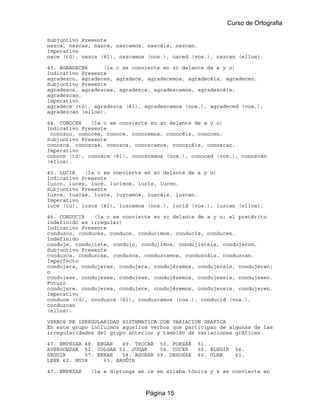 Curso de Ortografia

Subjuntivo Presente
nazca, nazcas, nazca, nazcamos, nazcáis, nazcan.
Imperativo
nace (tú), nazca (él), nazcamos (nos.), naced (vos.), nazcan (ellos).

43. AGRADECER     (la c se convierte en zc delante de a y o)
Indicativo Presente
agradezco, agradeces, agradece, agradecemos, agradecéis, agradecen.
Subjuntivo Presente
agradezca, agradezcas, agradezca, agradezcamos, agradezcáis,
agradezcan.
Imperativo
agradece (tú), agradezca (él), agradezcamos (nos.), agradeced (vos.),
agradezcan (ellos).

44. CONOCER   (la c se convierte en zc delante de a y o)
Indicativo Presente
 conozco, conoces, conoce, conocemos, conocéis, conocen.
Subjuntivo Presente
conozca, conozcas, conozca, conozcamos, conozcáis, conozcan.
Imperativo
conoce (tú), conozca (él), conozcamos (nos.), conoced (vos.), conozcan
(ellos).

45. LUCIR   (la c se convierte en zc delante de a y o)
Indicativo Presente
luzco, luces, luce, lucimos, lucís, lucen.
Subjuntivo Presente
luzca, luzcas, luzca, luzcamos, luzcáis, luzcan.
Imperativo
luce (tú), luzca (él), luzcamos (nos.), lucid (vos.), luzcan (ellos).

46. CONDUCIR   (la c se convierte en zc delante de a y o; el pretérito
indefinido es irregular)
Indicativo Presente
conduzco, conduces, conduce, conducimos, conducís, conducen.
Indefinido
conduje, condujiste, condujo, condujimos, condujisteis, condujeron.
Subjuntivo Presente
conduzca, conduzcas, conduzca, conduzcamos, conduzcáis, conduzcan.
Imperfecto
condujera, condujeras, condujera, condujéramos, condujerais, condujeran;
o
condujese, condujeses, condujese, condujésemos, condujeseis, condujesen.
Futuro
condujere, condujeres, condujere, condujéremos, condujereis, condujeren.
Imperativo
conduce (tú), conduzca (él), conduzcamos (nos.), conducid (vos.),
conduzcan
(ellos).

VERBOS DE IRREGULARIDAD SISTEMATICA CON VARIACION GRAFICA
En este grupo incluimos aquellos verbos que participan de algunas de las
irregularidades del grupo anterior y también de variaciones gráficas.

47. EMPEZAR 48. REGAR   49. TROCAR 50. FORZAR    51.
AVERGONZAR 52. COLGAR 53. JUGAR     54. COCER    55. ELEGIR   56.
SEGUIR      57. ERRAR   58. AGORAR 59. DESOSAR   60. OLER     61.
LEER 62. HUIR     63. ARGÜIR

47. EMPEZAR   (la e diptonga en ie en sílaba tónica y z se convierte en



                               Página 15
 
