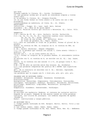 Curso de Ortografia

que está
formada también lo llevara. Ej.: Cortés. Cortésmente.
15) Las palabras unidas por un guión se consideran simples y llevan
acento sólo
si la palabra lo llevara. Ej.: Hispano-Francés.
16) Si una forma verbal no lleva acento y se junta con uno o más
pronombres
transformándose en esdrújula, sí lleva. Ej.: Di. Dímelo.
RELACIONES:
Infinitivos : Tiempo. Ej.: Leer. Leyó. Reír, Reírse
Pronombre : Ej.: Éste es de quien hablé.
Adjetivo: Relación directa que califica o determina. Ej.: Calor. Frío.

GRAMATICA:
C-CC = Deriva de CT. Ej.: Acto. Perfecto. Acción. Perfección.
C-Z = Ca, Ce, Ci, Co, Cu. Ej.: Caracoles cuestan cinco centavos.
        Za, Zo, Zu. Ej.: Zurdo. Zapatero.
        Al final de una sílaba. Ej.: Reflector. Actor.
        Al final de palabra. Ej.: Tapiz. Perdiz.
D-Z = Sólo se confunden al final de la palabra. Formar el plural de la
palabra
dudosa. Si termina en CES, su singular es Z; si termina en DES, su
singular es
D. Ej.: Perdiz (Perdices). Césped (Céspedes).
I-Y = Si la palabra que termina con sonido I, lleva acento (tónico o
gráfico), se
escribe con I., si no lleva acento es con Y.
 Y-LL = Formar el singular de la palabra dudosa. Si sonoramente termina
con I,
se escribe con Y; si termina en E, se escribe con LL. Ej.: Ley. Leyes.
Calle.
Calles. Si no termina con ese sonido (I o Y), es porque lleva Y. Ej.:
Leer. Leyó.
R-RR = La RR sólo se escribe entre dos vocales. Ej. Arrebatar.
S-X = Las palabras compuestas del prefijo EX o EXTRA (que significan
"fuera
de"), de lo contrario se escriben con S. Ej.: Extraer, explanada.
También llevan X,
las palabras que le siguen una H, o bien pla, ple, pli, plo, plu.

PALABRAS QUE SE ESCRIBEN JUNTAS :
Alrededor. Anteanoche. Anteayer. Besamanos. Bienhablado.
Bienintencionado.
Buscapleitos. Buscavidas. Compraventa. Contrabarrera. Contraorden.
Contrapeso. Contrapuesto. Deshonor. Entreacto. Entredicho. Entrelíneas.
Entretiempo. Hazmerreír. Limpiaúñas. Malaventura. Quienquiera.
Radioyente.
Rompehielos. Sinnúmero. Sobrentender. Verdinegro.

MAYUSCULAS:
Se escriben con mayúscula: Nombres, al comienzo de cualquier escrito.
Después de un punto. Después de dos puntos cuando se citan palabras
textuales. Los títulos de jerarquía. los nombres seguidos de apodos
(Guzmán el
Bueno). instituciones y cargos públicos.

SE ESCRIBEN CON B:
1) Tiempo pasado terminado en BIR. Excepto: Hervir, Servir, Vivir y sus
compuestos.
2) Los verbos: beber, caber, Deber, Haber, Saber.
3) Tiempo pasado terminados en Ba, Bas. Bamos, Bais, Ban. Ej.: Amábamos.



                                Página 2
 
