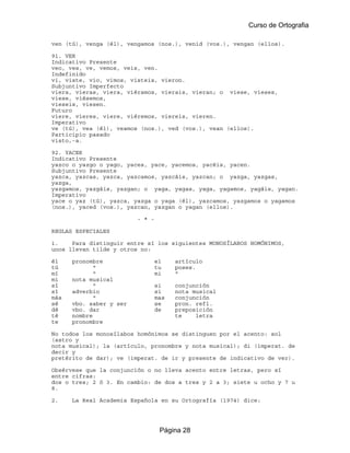 Curso de Ortografia

ven (tú), venga (él), vengamos (nos.), venid (vos.), vengan (ellos).

91. VER
Indicativo Presente
veo, ves, ve, vemos, veis, ven.
Indefinido
vi, viste, vio, vimos, visteis, vieron.
Subjuntivo Imperfecto
viera, vieras, viera, viéramos, vierais, vieran; o viese, vieses,
viese, viésemos,
vieseis, viesen.
Futuro
viere, vieres, viere, viéremos, viereis, vieren.
Imperativo
ve (tú), vea (él), veamos (nos.), ved (vos.), vean (ellos).
Participio pasado
visto,-a.

92. YACER
Indicativo Presente
yazco o yazgo o yago, yaces, yace, yacemos, yacéis, yacen.
Subjuntivo Presente
yazca, yazcas, yazca, yazcamos, yazcáis, yazcan; o yazga, yazgas,
yazga,
yazgamos, yazgáis, yazgan; o yaga, yagas, yaga, yagamos, yagáis, yagan.
Imperativo
yace o yaz (tú), yazca, yazga o yaga (él), yazcamos, yazgamos o yagamos
(nos.), yaced (vos.), yazcan, yazgan o yagan (ellos).

                         - * -

REGLAS ESPECIALES

1.    Para distinguir entre sí los siguientes MONOSÍLABOS HOMÓNIMOS,
unos llevan tilde y otros no:

él    pronombre                  el    artículo
tú           "                   tu    poses.
mí           "                   mi    "
mi    nota musical
sí           "                   si    conjunción
sí    adverbio                   si    nota musical
más          "                   mas   conjunción
sé    vbo. saber y ser           se    pron. refl.
dé    vbo. dar                   de    preposición
té    nombre                           te    letra
te    pronombre

No todos los monosílabos homónimos se distinguen por el acento: sol
(astro y
nota musical); la (artículo, pronombre y nota musical); di (imperat. de
decir y
pretérito de dar); ve (imperat. de ir y presente de indicativo de ver).

Obsérvese que la conjunción o no lleva acento entre letras, pero sí
entre cifras:
dos o tres; 2 ó 3. En cambio: de dos a tres y 2 a 3; siete u ocho y 7 u
8.

2.    La Real Academia Española en su Ortografía (1974) dice:




                                  Página 28
 