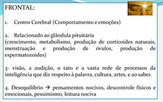 FRONTAL:
1. Centro Cerebral (Comportamento e emoções)
2. Relacionado ao glândula pituitária
(crescimento, metabolismo, produção de corticoides naturais,
menstruação e produção de óvulos, produção de
espermatozoides)
3- visão, a audição, o tato e a vasta rede de processos da
inteligência que diz respeito á palavra, cultura, artes, e ao saber.
4. Desequilíbrio  pensamentos nocivos, descontrole físicos e
emocionais, pessimismo, leitura nociva
 