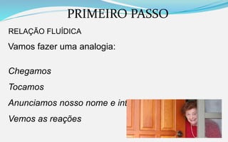 PRIMEIRO PASSO
RELAÇÃO FLUÍDICA
Vamos fazer uma analogia:
Chegamos
Tocamos
Anunciamos nosso nome e intenções
Vemos as reações
 