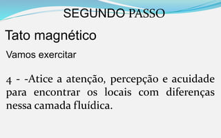 SEGUNDO PASSO
Tato magnético
Vamos exercitar
4 - -Atice a atenção, percepção e acuidade
para encontrar os locais com diferenças
nessa camada fluídica.
 