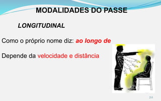 MODALIDADES DO PASSE
LONGITUDINAL
Como o próprio nome diz: ao longo de
Depende da velocidade e distância
215
 