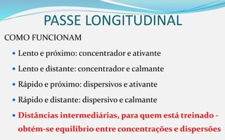 PASSE LONGITUDINAL
COMO FUNCIONAM
 Lento e próximo: concentrador e ativante
 Lento e distante: concentrador e calmante
 Rápido e próximo: dispersivos e ativante
 Rápido e distante: dispersivo e calmante
 Distâncias intermediárias, para quem está treinado -
obtém-se equilibrio entre concentrações e dispersões
 