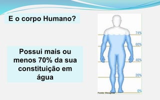 E o corpo Humano?
Possui mais ou
menos 70% da sua
constituição em
água
 