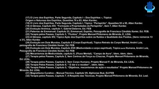 (17) O Livro dos Espíritos, Parte Segunda, Capítulo I – Dos Espíritos –, Tópico:
Origem e Natureza dos Espíritos, Questões 76 a 83, Allan Kardec.
(18) O Livro dos Espíritos, Parte Segunda, Capítulo I, Tópico: “Perispírito”, Questões 93 a 95, Allan Kardec
(19) A Gênese, Capítulo XIV, “Formação e Propriedades do Perispírito”, item 7, Allan Kardec
(20) Evolução Anímica, capítulo 1, Gabriel Delanne, Ed. FEB
(21) Palavras de Emmanuel, Capítulo 23, Emmanuel, Espírito, Psicografia de Francisco Cândido Xavier, Ed. FEB.
(22) Terapia pelos Passes, Capítulo 3, “Fluidos”, Projeto Manoel Philomeno de Miranda, E, LEAL
(23) A Gênese, capítulo XIV, Tópico Ação dos Espíritos sobre os fluidos e Qualidade dos Fluidos, (itens números 13
a 31), Allan Kardec
(24) Evolução em Dois Mundos, Capítulo II (Corpo Espiritual), Tópico Retrato do Corpo Mental, André Luiz,
psicografia de Francisco Cândido Xavier, Ed. FEB
(25) Evolução em Dois Mundos, Capítulo XVII (Mediunidade e corpo espiritual), Tópico aura Humana, André Luiz,
Psicografia de Francisco Cândido Xavier, Ed. FEB
(26) Mecanismos da Mediunidade, capítulo X, (Fluxo Mental), “Campo de Aura”, Idem, idem, idem.
(27) Terapia pelos Passes, Capítulo 2, Item Centros de Força ou Chacras, Projeto Manoel Philomeno de Miranda,
Ed. LEAL.
(28) Terapia pelos Passes, Capítulo 2, Item Corpo Humano, Projeto Manoel P. de Miranda, Ed. LEAL
(29) Terapia Pelos Passes, Capítulo 6, “ O dar e o receber” , idem, Idem.
(30) Terapia Pelos Passes, Capítulo 5, “Objetivos, mecanismos de ação e resultados” Projeto Manoel Philomeno de
Miranda, Ed. LEAL
(31) Magnetismo Curativo – Manual Técnico, Capítulo VII, Alphonse Bué, Ed.FEB
(32) Terapia pelos Passes, Capítulo 7, A Respeito das Técnicas, Projeto Manoel Philomeno de Miranda, Ed. Leal.
 