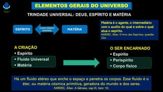A CRIAÇÃO
▪ Espírito
▪ Fluido Universal
▪ Matéria
TRINDADE UNIVERSAL: DEUS, ESPÍRITO E MATÉRIA
ELEMENTOS GERAIS DO UNIVERSO
Há um fluido etéreo que enche o espaço e penetra os corpos. Esse fluido é o
éter, ou matéria cósmica primitiva, geradora do mundo e dos seres.
KARDEC, Allan. A Gênese, cap.VI, item 10.
O SER ENCARNADO
▪ Espírito
▪ Perispírito
▪ Corpo físico
Matéria é o agente, o intermediário
com o auxílio do qual e sobre o qual
atua o espírito.
KARDEC, Allan. O livro dos Espíritos, questão
22a
ESPÍRITO MATÉRIA
FLUIDO CÓSMICO
UNIVERSAL
 