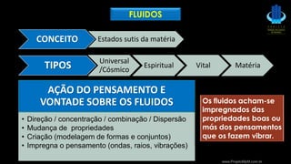 www.ProjetoMpM.com.br
AÇÃO DO PENSAMENTO E
VONTADE SOBRE OS FLUIDOS
• Direção / concentração / combinação / Dispersão
• Mudança de propriedades
• Criação (modelagem de formas e conjuntos)
• Impregna o pensamento (ondas, raios, vibrações)
TIPOS Universal
/Cósmico
Espiritual Vital Matéria
CONCEITO Estados sutis da matéria
Os fluidos acham-se
impregnados das
propriedades boas ou
más dos pensamentos
que os fazem vibrar.
FLUIDOS
 