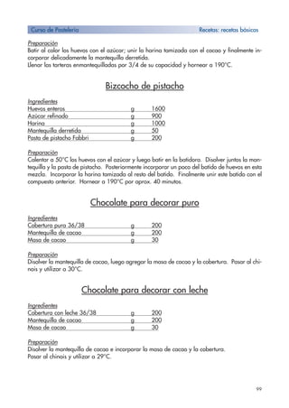 99
Preparación
Batir al calor los huevos con el azúcar; unir la harina tamizada con el cacao y finalmente in-
corporar delicadamente la mantequilla derretida.
Llenar las tarteras enmantequilladas por 3/4 de su capacidad y hornear a 190°C.
Bizcocho de pistacho
Ingredientes
Huevos enteros g 1600
Azúcar refinado g 900
Harina g 1000
Mantequilla derretida g 50
Pasta de pistacho Fabbri g 200
Preparación
Calentar a 50°C los huevos con el azúcar y luego batir en la batidora. Disolver juntos la man-
tequilla y la pasta de pistacho. Posteriormente incorporar un poco del batido de huevos en esta
mezcla. Incorporar la harina tamizada al resto del batido. Finalmente unir este batido con el
compuesto anterior. Hornear a 190°C por aprox. 40 minutos.
Chocolate para decorar puro
Ingredientes
Cobertura pura 36/38 g 200
Mantequilla de cacao g 200
Masa de cacao g 30
Preparación
Disolver la mantequilla de cacao, luego agregar la masa de cacao y la cobertura. Pasar al chi-
nois y utilizar a 30°C.
Chocolate para decorar con leche
Ingredientes
Cobertura con leche 36/38 g 200
Mantequilla de cacao g 200
Masa de cacao g 30
Preparación
Disolver la mantequilla de cacao e incorporar la masa de cacao y la cobertura.
Pasar al chinois y utilizar a 29°C.
Curso de Pastelería Recetas: recetas bàsicas
 