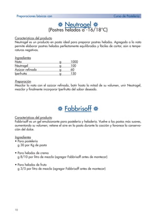 10
H Neutrogel H
(Postres helados a -16/18°C)
Características del producto
Neutrogel es un producto en pasta ideal para preparar postres helados. Agregado a la nata
permite elaborar postres helados perfectamente equilibrados y fáciles de cortar, aún a tempe-
raturas negativas.
Ingredientes
Nata g 1000
Neutrogel g 100
Azúcar refinado g 60
Iperfrutta g 150
Preparación
Mezclar la nata con el azúcar refinado, batir hasta la mitad de su volumen, unir Neutrogel,
mezclar y finalmente incorporar Iperfrutta del sabor deseado.
H Fabbrisoff H
Características del producto
Fabbrisoff es un gel emulsionante para pastelería y heladería. Vuelve a las pastas más suaves,
aumentando su volumen; retiene el aire en la pasta durante la cocción y favorece la conserva-
ción del dulce.
Ingredientes
• Para pastelería
g 30 por Kg de pasta
• Para helados de crema
g 8/10 por litro de mezcla (agregar Fabbrisoff antes de mantecar)
• Para helados de fruta
g 3/5 por litro de mezcla (agregar Fabbrisoff antes de mantecar)
Preparaciones básicas con Curso de Pastelería
 