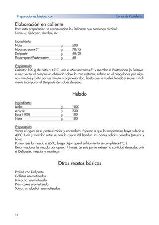 16
Elaboración en caliente
Para esta preparación se recomiendan los Delipaste que contienen alcohol:
Tiramisú, Sabayón, Rumba, etc....
Ingredientes
Nata g 500
Moussecream+5° g 70/75
Delipaste g 40/50
Pastovopan/Pastovocrem g 40
Preparación
Calentar 100 g de nata a 42°C, unir el Moussecream+5° y mezclar el Pastovopan (o Pastovo-
crem); verter el compuesto obtenido sobre la nata restante, enfriar en el congelador por algu-
nos minutos y batir por un minuto a baja velocidad, hasta que se vuelva blando y suave. Final-
mente incorporar el Delipaste del sabor deseado.
Helado
Ingredientes
Leche g 1000
Azúcar g 230
Base (100) g 100
Nata g 100
Preparación
Verter el agua en el pasteurizador y encenderlo. Esperar a que la temperatura haya subido a
40°C. Unir y mezclar entre sí, con la ayuda del batidor, las partes sólidas pesadas (azúcar y
base).
Pasteurizar la mezcla a 65°C; luego dejar que el enfriamiento se complete(+4°C ).
Dejar madurar la mezcla por aprox. 4 horas. En este punto extraer la cantidad deseada, unir
el Delipaste, mezclar y mantecar.
Otras recetas básicas
Praliné con Delipaste
Galletas aromatizadas
Bizcocho aromatizado
Plum cakes aromatizado
Salsas sin alcohol aromatizadas
Preparaciones básicas con Curso de Pastelería
 