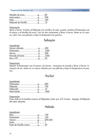 20
Almidón de arroz g 80
Leche entera g 900
Nata g 100
Delipaste de Vainilla g 10
Preparación
Llevar a hervor la leche, el Delipaste a la vainilla y la nata; a parte, mezclar el Pastovopan con
el azúcar y el almidón de arroz. Unir los dos compuestos y llevar a hervor. Verter en un cuen-
co, cubrir con una película y bajar la temperatura en positivo.
Sabayón
Ingredientes
Azúcar refinado g 550
Pastovopan g 1500
Harina g 200
Marsala al huevo g 1500
Ron a 70° g 25
Preparación
Mezclar el Pastovopan con el azúcar y la harina. Incorporar el marsala y llevar a hervor. In-
corporar el ron, verter en un cuenco cubierto con una película y bajar la temperatura en posi-
tivo.
Parfait
Ingredientes
Pastovopan g 800
Delipaste g 100
Fabbrisoff g 10
Nata batida g 1000
Preparación
Poner todo en la batidora (menos el Delipaste) y batir por 4/5 minutos. Agregar el Delipaste
del sabor deseado.
Helado
Ingredientes
Base g 100
Pastovopan g 140
Azúcar g 200-250
Leche lt 1
Pasta de Vainilla crema g 30
Preparaciones básicas con Curso de Pastelería
 