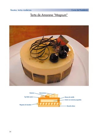 36
Torta de Amarene “Magnum”
Recetas: tartas modernas Curso de Pastelería
Mousse de vainilla
Decoraciones
Top Gelée neutro
Interior con amarena prugnolata
Bizcocho clásico
Amarene
Plaquetas de chocolate
 