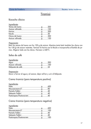 37
Tiramisù
Bizcocho clásico
Ingredientes
Yemas de huevo g 200
Azúcar refinado g 100
Harina g 200
Fécula g 50
Claras de huevo g 300
Azúcar refinado g 150
Preparación
Batir las yemas de huevo con los 100 g de azúcar. Mientras tanto batir también las claras con
los 150 gr de azúcar restantes. Tamizar la harina con la fécula e incorporarlas al batido de ye-
mas. Aligerar todo con las claras. Hornear a 240°C.
Salsa de café
Ingredientes
Agua g 200
Azúcar refinado g 100
Delipaste de café g 25
Preparación
Llevar a hervor el agua y el azúcar, dejar enfriar y unir el Delipaste.
Crema tiramisú (para temperatura positiva)
Ingredientes
Nata g 600
Moussecream+5° g 80
Pamatis Fabbri g 40
Sabayón Fabbri g 40
Pastovopan/Pastovocrem g 40
Crema tiramisú (para temperatura negativa)
Ingredientes
Nata g 600
Moussecream+5° g 100
Pamatis Fabbri g 40
Sabayón Fabbri g 40
Pastovopan/Pastovocrem g 100
Curso de Pastelería Recetas: tartas modernas
 