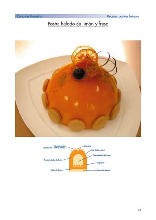 53
Postre helado de limón y fresa
Curso de Pastelería Recetas: postres helados
Postre helado de fresa
Bizcocho clásico
Fragolosa
AmarenaDecoraciones
(pistachios - zette di limón)
Postre helado de limón
Salsa de fresa
Top Gelée neutro
 