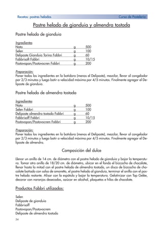 54
Postre helado de gianduia y almendra tostada
Postre helado de gianduia
Ingredientes
Nata g 500
Selen g 100
Delipaste Gianduia Torino Fabbri g 60
Fabbrisoft Fabbri g 10/15
Pastovopan/Pastovocren Fabbri g 200
Preparación:
Poner todos los ingredientes en la batidora (menos el Delipaste), mezclar, llevar al congelador
por 2/3 minutos y luego batir a velocidad máxima por 4/5 minutos. Finalmente agregar el De-
lipaste de gianduia.
Postre helado de almendra tostada
Ingredientes
Nata g 500
Selen Fabbri g 100
Delipaste almendra tostada Fabbri g 60
Fabbrisoff Fabbri g 10/15
Pastovopan/Pastovocrem Fabbri g 200
Preparación:
Poner todos los ingredientes en la batidora (menos el Delipaste), mezclar, llevar al congelador
por 2/3 minutos y luego batir a velocidad máxima por 4/5 minutos. Finalmente agregar el De-
lipaste de almendra.
Composición del dulce
Llenar un anillo de 14 cm. de diámetro con el postre helado de gianduia y bajar la temperatu-
ra. Tomar otro anillo de 18/20 cm. de diámetro, ubicar en el fondo el bizcocho de chocolate,
llenar hasta la mitad con el postre helado de almendra tostada, un disco de bizcocho de cho-
colate bañado con salsa de amaretto, el postre helado al gianduia, terminar el anillo con el pos-
tre helado restante. Alisar con la espátula y bajar la temperatura. Gelatinizar con Top Gelée,
decorar con naranjas desecadas, azúcar en alcohol, plaquetas e hilos de chocolate.
Productos Fabbri utilizados:
Selen
Delipaste de gianduia
Fabbrisoff
Pastovopan/Pastovocrem
Delipaste de almendra tostada
Recetas: postres helados Curso de Pastelería
 
