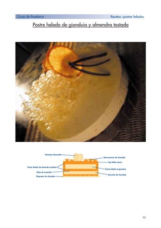 Postre helado de gianduia y almendra tostada
55
Curso de Pastelería Recetas: postres helados
Postre helado al gianduia
Postre helado de almendra tostada
Naranjas desecadas
Decoraciones de chocolate
Top Gelée neutro
Bizcocho de chocolate
Salsa de amaretto
Plaquetas de chocolate
 