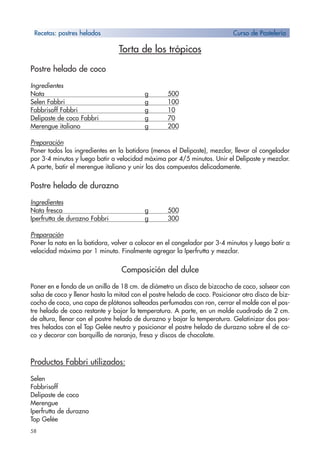 58
Torta de los trópicos
Postre helado de coco
Ingredientes
Nata g 500
Selen Fabbri g 100
Fabbrisoff Fabbri g 10
Delipaste de coco Fabbri g 70
Merengue italiano g 200
Preparación
Poner todos los ingredientes en la batidora (menos el Delipaste), mezclar, llevar al congelador
por 3-4 minutos y luego batir a velocidad máxima por 4/5 minutos. Unir el Delipaste y mezclar.
A parte, batir el merengue italiano y unir los dos compuestos delicadamente.
Postre helado de durazno
Ingredientes
Nata fresca g 500
Iperfrutta de durazno Fabbri g 300
Preparación
Poner la nata en la batidora, volver a colocar en el congelador por 3-4 minutos y luego batir a
velocidad máxima por 1 minuto. Finalmente agregar la Iperfrutta y mezclar.
Composición del dulce
Poner en e fondo de un anillo de 18 cm. de diámetro un disco de bizcocho de coco, salsear con
salsa de coco y llenar hasta la mitad con el postre helado de coco. Posicionar otro disco de biz-
cocho de coco, una capa de plátanos salteadas perfumadas con ron, cerrar el molde con el pos-
tre helado de coco restante y bajar la temperatura. A parte, en un molde cuadrado de 2 cm.
de altura, llenar con el postre helado de durazno y bajar la temperatura. Gelatinizar dos pos-
tres helados con el Top Gelée neutro y posicionar el postre helado de durazno sobre el de co-
co y decorar con barquillo de naranja, fresa y discos de chocolate.
Productos Fabbri utilizados:
Selen
Fabbrisoff
Delipaste de coco
Merengue
Iperfrutta de durazno
Top Gelée
Recetas: postres helados Curso de Pastelería
 