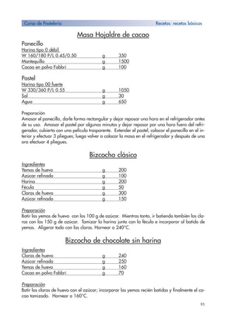 95
Masa Hojaldre de cacao
Panecillo
Harina tipo 0 débil
W 160/180 P/L 0.45/0.50 g 350
Mantequilla g 1500
Cacao en polvo Fabbri g 100
Pastel
Harina tipo 00 fuerte
W 330/360 P/L 0.55 g 1050
Sal g 30
Agua g 650
Preparación
Amasar el panecillo, darle forma rectangular y dejar reposar una hora en el refrigerador antes
de su uso. Amasar el pastel por algunos minutos y dejar reposar por una hora fuera del refri-
gerador, cubierto con una película trasparente. Extender el pastel, colocar el panecillo en el in-
terior y efectuar 3 pliegues; luego volver a colocar la masa en el refrigerador y después de una
ora efectuar 4 pliegues.
Bizcocho clásico
Ingredientes
Yemas de huevo g 200
Azúcar refinado g 100
Harina g 200
Fécula g 50
Claras de huevo g 300
Azúcar refinado g 150
Preparación
Batir las yemas de huevo con los 100 g de azúcar. Mientras tanto, ir batiendo también las cla-
ras con los 150 g de azúcar. Tamizar la harina junto con la fécula e incorporar al batido de
yemas. Aligerar todo con las claras. Hornear a 240°C.
Bizcocho de chocolate sin harina
Ingredientes
Claras de huevo g 240
Azúcar refinado g 250
Yemas de huevo g 160
Cacao en polvo Fabbri g 70
Preparación
Batir las claras de huevo con el azúcar; incorporar las yemas recién batidas y finalmente el ca-
cao tamizado. Hornear a 160°C.
Curso de Pastelería Recetas: recetas bàsicas
 