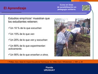 Florida URUGUAY Curso en línea  de sensibilización en pedagogía solidaria. Estudios empíricos 1   muestran que los estudiantes retienen: Un 10 % de lo que  escuchan Un 15% de lo que  ven  Un 20% de lo que  ven y escuchan Un 80% de lo que  experimentan   activamente .  Un 90% de lo que  enseñan a otros . 1 Phillips, Gary. Ideas for Impact Educational Techniques. En: Willits-Cairn. R/Kielsmeier, J. 1991, p. 84 El Aprendizaje  