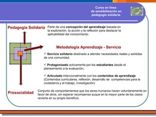 Pedagogía Solidaria   Metodología Aprendizaje - Servicio Prosocialidad Parte de una  concepción del aprendizaje  basada en la exploración, la acción y la reflexión para destacar la aplicabilidad del conocimiento.   Servicio solidario  destinado a atender necesidades reales y sentidas de una comunidad, Protagonizado  activamente por los  estudiantes  desde el planeamiento a la evaluación, Articulado  intencionalmente con los  contenidos de aprendizaje  (Contenidos curriculares, reflexión, desarrollo de  competencias para la ciudadanía y el trabajo, investigación) Conjunto de comportamientos que los seres humanos hacen voluntariamente en favor de otros, sin esperar recompensa auque en la mayor parte de los casos revierta en su propio beneficio. Curso en línea  de sensibilización en pedagogía solidaria. 