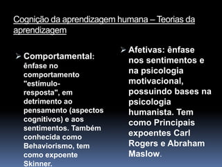 Cognição da aprendizagem humana – Teorias da
aprendizagem

                          Afetivas: ênfase
 Comportamental:          nos sentimentos e
  ênfase no
  comportamento            na psicologia
  "estímulo-               motivacional,
  resposta", em            possuindo bases na
  detrimento ao            psicologia
  pensamento (aspectos     humanista. Tem
  cognitivos) e aos
                           como Principais
  sentimentos. Também
  conhecida como           expoentes Carl
  Behaviorismo, tem        Rogers e Abraham
  como expoente            Maslow.
  Skinner.
 