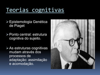 Teorias cognitivas
 Epistemologia Genética
  de Piaget

 Ponto central: estrutura
  cognitiva do sujeito.

 As estruturas cognitivas
  mudam através dos
  processos de
  adaptação: assimilação
  e acomodação.
 