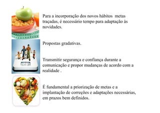 Para a incorporação dos novos hábitos metas
traçadas, é necessário tempo para adaptação às
novidades.
Propostas gradativas.
Transmitir segurança e confiança durante a
comunicação e propor mudanças de acordo com a
realidade .
É fundamental a priorização de metas e a
implantação de correções e adaptações necessárias,
em prazos bem definidos.
 