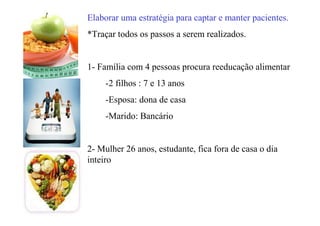 Elaborar uma estratégia para captar e manter pacientes.
*Traçar todos os passos a serem realizados.
1- Família com 4 pessoas procura reeducação alimentar
-2 filhos : 7 e 13 anos
-Esposa: dona de casa
-Marido: Bancário
2- Mulher 26 anos, estudante, fica fora de casa o dia
inteiro
 