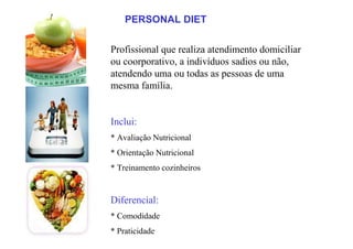 Profissional que realiza atendimento domiciliar
ou coorporativo, a indivíduos sadios ou não,
atendendo uma ou todas as pessoas de uma
mesma família.
Inclui:
* Avaliação Nutricional
* Orientação Nutricional
* Treinamento cozinheiros
Diferencial:
* Comodidade
* Praticidade
PERSONAL DIET
 