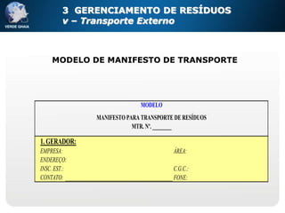 3 GERENCIAMENTO DE RESÍDUOS
         v – Transporte Externo



    MODELO DE MANIFESTO DE TRANSPORTE




                                          MODELO
                       MANIFESTO PARA TRANSPORTE DE RESÍDUOS
                                   MTR. Nº. ________

1. GERADOR:
EMPRESA:                                               ÁREA:
ENDEREÇO:
INSC. EST.:                                            C.G.C.:
CONTATO: ___________________________________________________
                                                       FONE:
 