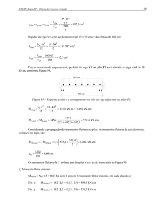UNESP, Bauru/SP – Pilares de Concreto Armado 96
1
,
102
2
280
12
19
25
I
r
r
r
3
ey
pilar
inf
,
p
sup
,
p
pilar 






cm3
Rigidez da viga V5, com seção transversal 19 x 50 cm e vão efetivo de 480 cm:
917
.
197
12
50
19
12
h
b
I
3
3
w
viga 



 cm4
3
,
412
480
197917
I
r
ef
viga
viga 



cm3
Para o momento de engastamento perfeito da viga V5 no pilar P1 será adotada a carga total de 18
kN/m, conforme Figura 95.
480 cm
P 4
18 kN/m
P 1
Figura 95 – Esquema estático e carregamento no vão da viga adjacente ao pilar P1.
56
,
34
12
8
,
4
18
12
q
M
2
2
eng 





kN.m = 3.456 kN.cm
4
,
572
1
,
102
3
,
412
1
,
102
1
,
102
3456
M
M sup
,
k
inf
,
k 



 kN.cm
Considerando a propagação dos momentos fletores no pilar, os momentos fletores de cálculo totais,
na base e no topo, são:
202
.
1
2
4
,
572
4
,
572
4
,
1
M
M base
,
d
topo
,
d 









 kN.cm
60
,
6
182
1202
eiy 
 cm
Os momentos fletores de 1a
ordem, nas direções x e y, estão mostrados na Figura 96.
d) Momento fletor mínimo
M1d,mín = Nd (1,5 + 0,03 h), com h em cm. O momento fletor mínimo, em cada direção é:
Dir. x: M1d,mín,x = 182 (1,5 + 0,03 . 25) = 409,5 kN.cm
Dir. y: M1d,mín,y = 182 (1,5 + 0,03 . 19) = 376,7 kN.cm
 