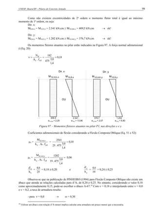 UNESP, Bauru/SP – Pilares de Concreto Armado 98
Como não existem excentricidades de 2a
ordem o momento fletor total é igual ao máximo
momento de 1a
ordem, ou seja:
Dir. x:
Md,tot,x = M1d,A,x = 2.541 kN.cm  M1d,mín,x = 409,5 kN.cm  ok!
Dir. y:
Md,tot,y = M1d,A,y = 1.202 kN.cm  M1d,mín,y = 376,7 kN.cm  ok!
Os momentos fletores atuantes no pilar estão indicados na Figura 97. A força normal adimensional
é (Eq. 20):
18
,
0
4
,
1
0
,
3
475
182
f
.
A
N
cd
c
d




1d,mín,x
M
409,5 376,7
M1d,mín,y
Dir. x Dir. y
e = 2,07
1y,mín
1x,mín
e = 2,25 e = 13,96
1A,x
2.541
1d,A,x
M
OU OU
M1d,A,y
1.202
1A,y
e = 6,60
Figura 97 – Momentos fletores atuantes no pilar P1, nas direções x e y.
Coeficientes adimensionais de flexão considerando a Flexão Composta Oblíqua (Eq. 51 e 52):
x =
cd
c
x
x
,
tot
,
d
f
.
A
.
h
M
= 10
,
0
4
,
1
0
,
3
475
.
25
2541

y =
cd
c
y
y
,
tot
,
d
f
.
A
.
h
M
= 
4
,
1
0
,
3
475
.
19
1202
0,06
x
x
h
'
d
=
25
6
,
4
= 0,18  0,20 e
y
y
h
'
d
=
19
6
,
4
= 0,24  0,25
Observa-se que na publicação de PINHEIRO (1994) para Flexão Composta Oblíqua não existe um
ábaco que atenda as relações calculadas para d’/h, de 0,20 e 0,25. No entanto, considerando o valor 0,18
como aproximadamente 0,15, pode-se escolher o ábaco A-67.19
Com  = 0,18 e interpolando entre  = 0,0
e  = 0,2, a taxa de armadura resulta:
- para  = 0,0   = 0,30
19
Utilizar um ábaco com relação d’/h menor implica calcular uma armadura um pouco menor que a necessária.
 