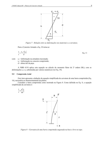 UNESP, Bauru/SP – Pilares de Concreto Armado 8
s
1
2 c
1/r



h
d
Figura 7 – Relação entre as deformações nos materiais e a curvatura.
Para o Concreto Armado a Eq. 10 torna-se:
d
r
1 c
s 


 Eq. 11
com: s = deformação na armadura tracionada;
c = deformação no concreto comprimido;
d = altura útil da peça.
A NBR 6118 aplica esta equação no cálculo do momento fletor de 2a
ordem (M2), com as
deformações s e c substituídas por valores numéricos (ver Eq. 19).
5.5 Compressão Axial
Este item apresenta a dedução da equação simplificada da curvatura de uma barra comprimida (Eq.
16), necessária ao dimensionamento de pilares.
Considere a barra comprimida como mostrada na Figura 8. Como definida na Eq. 8, a equação
simplificada da curvatura é:
2
2
dx
y
d
r
1

y
F
r
a
y

x
Figura 8 – Curvatura de uma barra comprimida engastada na base e livre no topo.
 