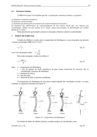 UNESP, Bauru/SP – Pilares de Concreto Armado 14
6.2 Elementos Isolados
A NBR 6118 (item 15.4.4) define que são “considerados elementos isolados os seguintes:
a) elementos estruturais isostáticos;
b) elementos contraventados;
c) elementos que fazem parte de estruturas de contraventamento de nós fixos;
d) elementos das subestruturas de contraventamento de nós móveis, desde que, aos esforços nas
extremidades, obtidos em uma análise de 1a
ordem, sejam acrescentados os determinados por análise
global de 2a
ordem.”
Nesta apostila são apresentados somente os chamados elementos (pilares) contraventados.
7 ÍNDICE DE ESBELTEZ
O índice de esbeltez é a razão entre o comprimento de flambagem e o raio de giração, nas direções
a serem consideradas (NBR 6118, 15.8.2):
i
e


 Eq. 22
com o raio de giração sendo:
A
I
i 
Para seção retangular o índice de esbeltez é:
h
3,46 e


 Eq. 23
onde: e = comprimento de flambagem;
i = raio de giração da seção geométrica da peça (seção transversal de concreto, não se
considerando a presença de armadura);
I = momento de inércia;
A = área da seção;
h = dimensão do pilar na direção considerada.
O comprimento de flambagem de uma barra isolada depende das vinculações na base e no topo,
conforme os esquemas mostrados na Figura 14.
Engaste
A. Simples
A. Simples
A. Simples
Engaste
Engaste
E. Elástico
E. Elástico
E. Móvel
Livre
F F
F
F
e
 = 0,7 L
e
 = 0,5 L
e
0,5 L <  < L e
 = 2 L
 = L
e
F
B
A A
B
A
B
A
B
B
A
L
Figura 14 – Comprimento de flambagem.
Em função do índice de esbeltez máximo, os pilares podem ser classificados como:
a) Curto: se   35; Eq. 24
 