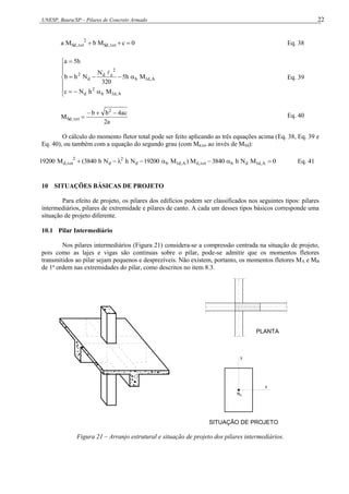 UNESP, Bauru/SP – Pilares de Concreto Armado 22
0
c
M
b
M
a tot
,
Sd
2
tot
,
Sd 

 Eq. 38















A
,
d
1
b
2
d
A
,
d
1
b
2
e
d
d
2
M
h
N
c
M
h
5
320
N
N
h
b
h
5
a

Eq. 39
a
2
ac
4
b
b
M
2
tot
,
Sd



 Eq. 40
O cálculo do momento fletor total pode ser feito aplicando as três equações acima (Eq. 38, Eq. 39 e
Eq. 40), ou também com a equação do segundo grau (com Md,tot ao invés de MSd):
0
M
N
h
3840
M
)
M
19200
N
h
N
h
3840
(
M
19200 A
,
d
1
d
b
tot
,
d
A
,
d
1
b
d
2
d
2
tot
,
d 






 Eq. 41
10 SITUAÇÕES BÁSICAS DE PROJETO
Para efeito de projeto, os pilares dos edifícios podem ser classificados nos seguintes tipos: pilares
intermediários, pilares de extremidade e pilares de canto. A cada um desses tipos básicos corresponde uma
situação de projeto diferente.
10.1 Pilar Intermediário
Nos pilares intermediários (Figura 21) considera-se a compressão centrada na situação de projeto,
pois como as lajes e vigas são contínuas sobre o pilar, pode-se admitir que os momentos fletores
transmitidos ao pilar sejam pequenos e desprezíveis. Não existem, portanto, os momentos fletores MA e MB
de 1a
ordem nas extremidades do pilar, como descritos no item 8.3.
y
x
Nd
Figura 21 – Arranjo estrutural e situação de projeto dos pilares intermediários.
PLANTA
SITUAÇÃO DE PROJETO
 